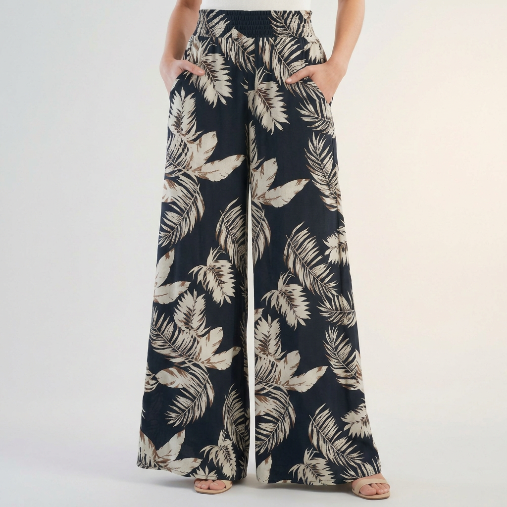 Women's Tropical Print Palazzo Pants Ruched Waist - Vonnera