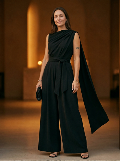 Women's Cowl Neck Jumpsuit Wide Leg Belted Waist - Vonnera