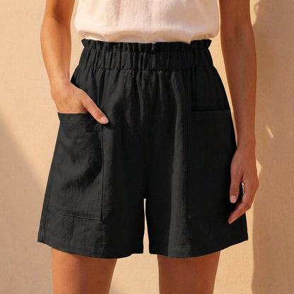 Women's Relaxed Fit Paperbag Shorts Cotton Patch Pockets Beige