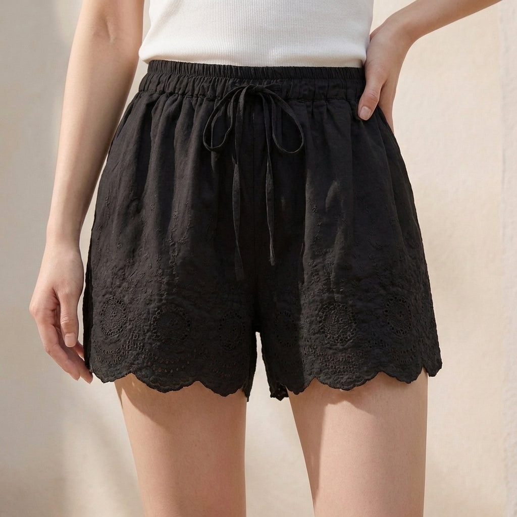 Women's Embroidered Lace Shorts Drawstring Waist Scalloped Hem