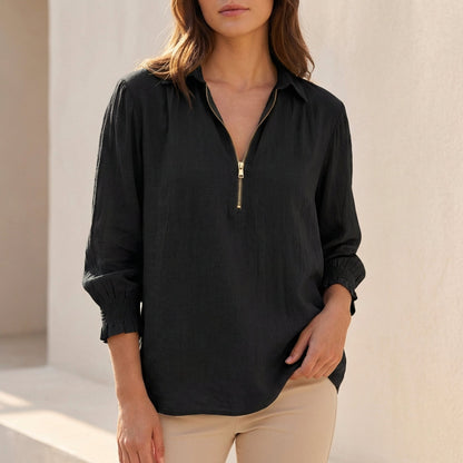 Linen Oversized Zip Up Blouse Relaxed Fit - Vonnera