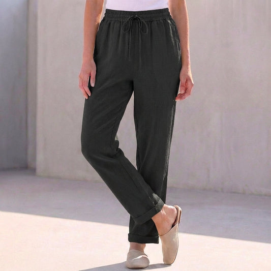 Relaxed Fit Cotton Linen Ankle Pants Drawstring Waist - Vonnera