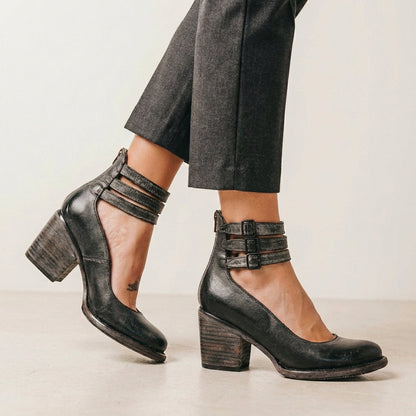 Vegan Leather Block Heel Pumps Buckled Ankle Strap Black