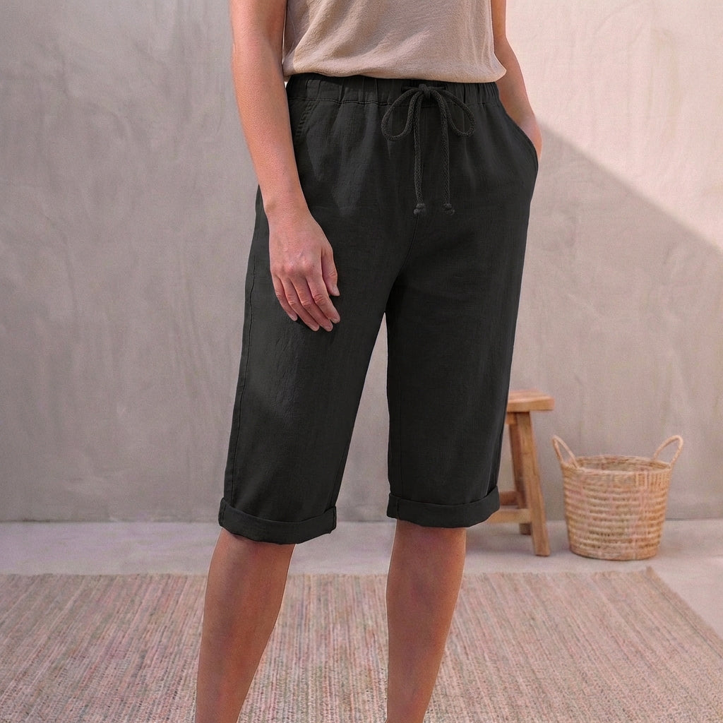 Linen Capri Pants Relaxed Fit Drawstring Waist Cuffed Beige