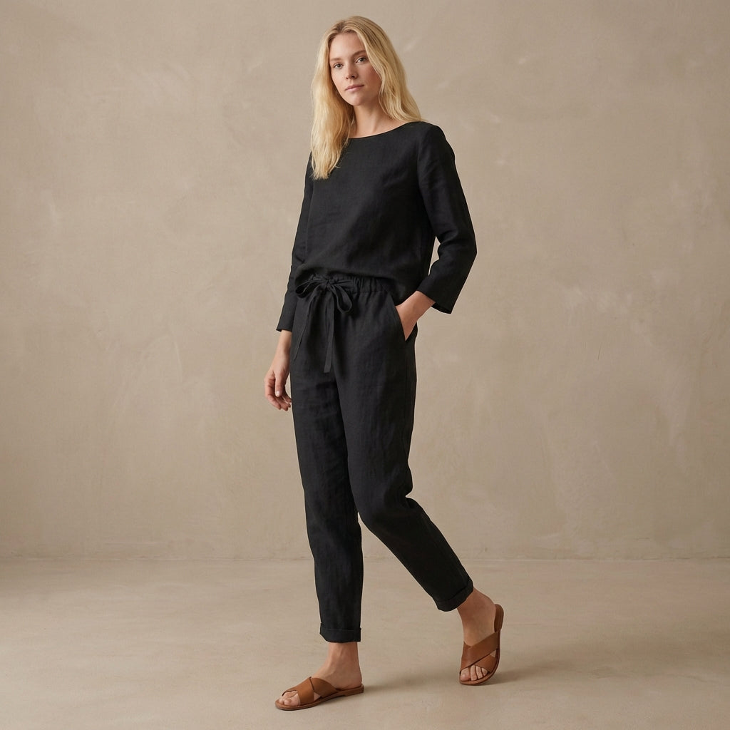 Women's Linen Two Piece Set Boat Neck Blouse Drawstring Pants