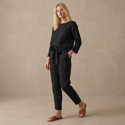 Women's Linen Two Piece Set Boat Neck Blouse Drawstring Pants