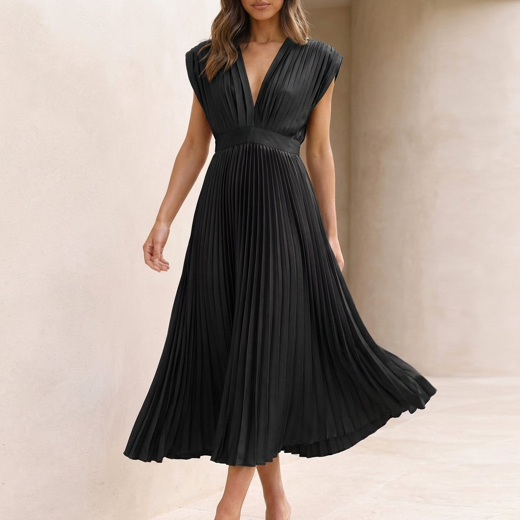 Women's Pleated Maxi Dress V-Neck Defined Waist