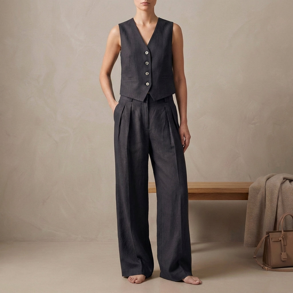 Linen Vest And Trousers Set Sleeveless High Waisted