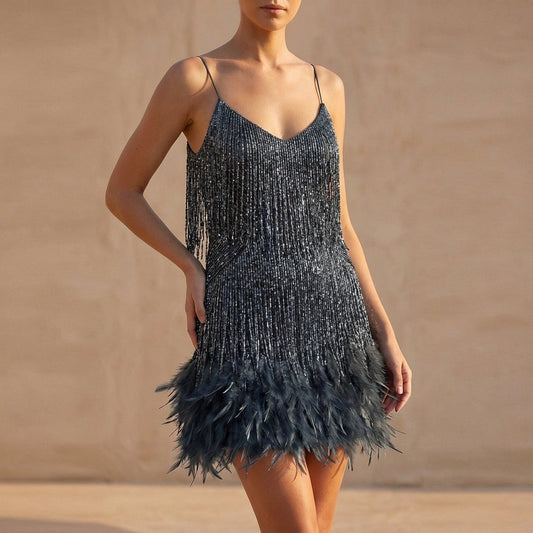 Women's Mini Dress Fringe Feather Beaded - Vonnera