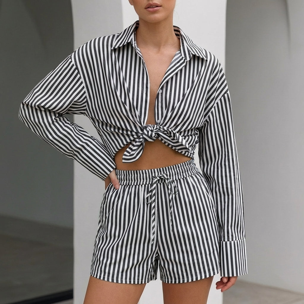 Oversized Collared Shirt And Wide Leg Shorts Set - Vonnera