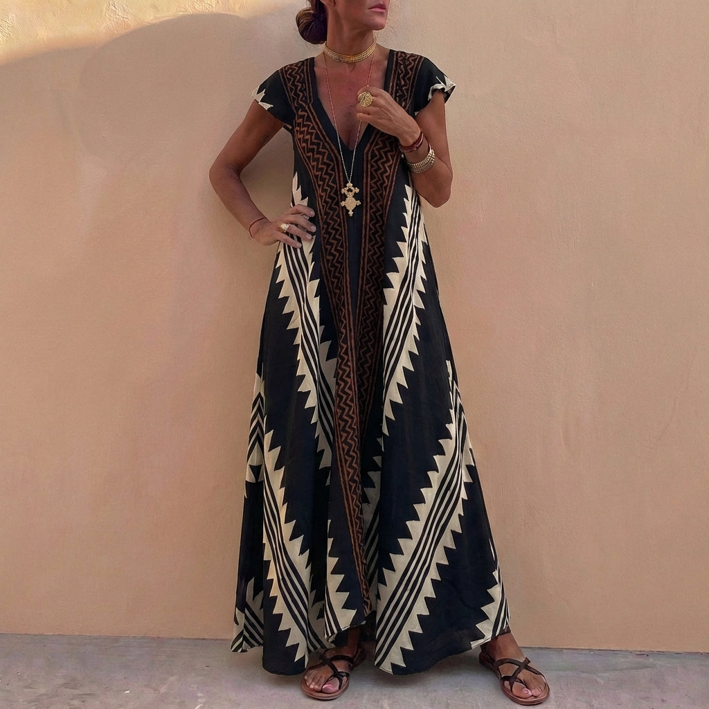 Bohemian A-Line Maxi Dress V-Neck Geometric Print