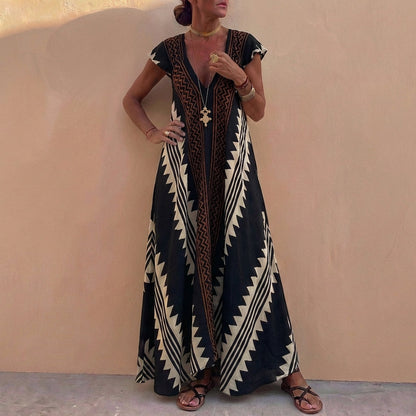 Bohemian A-Line Maxi Dress V-Neck Geometric Print