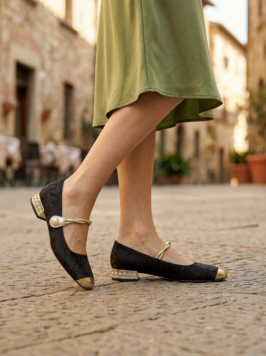 Women's Mary Jane Shoes Brocade Pearl Metallic Strap