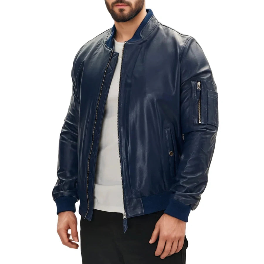 Blaze Men's Leather Bomber Jacket Blue - Vonnera