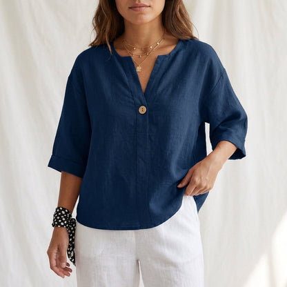 Women's Cotton Blouse V-Neck Cuffed Sleeves White