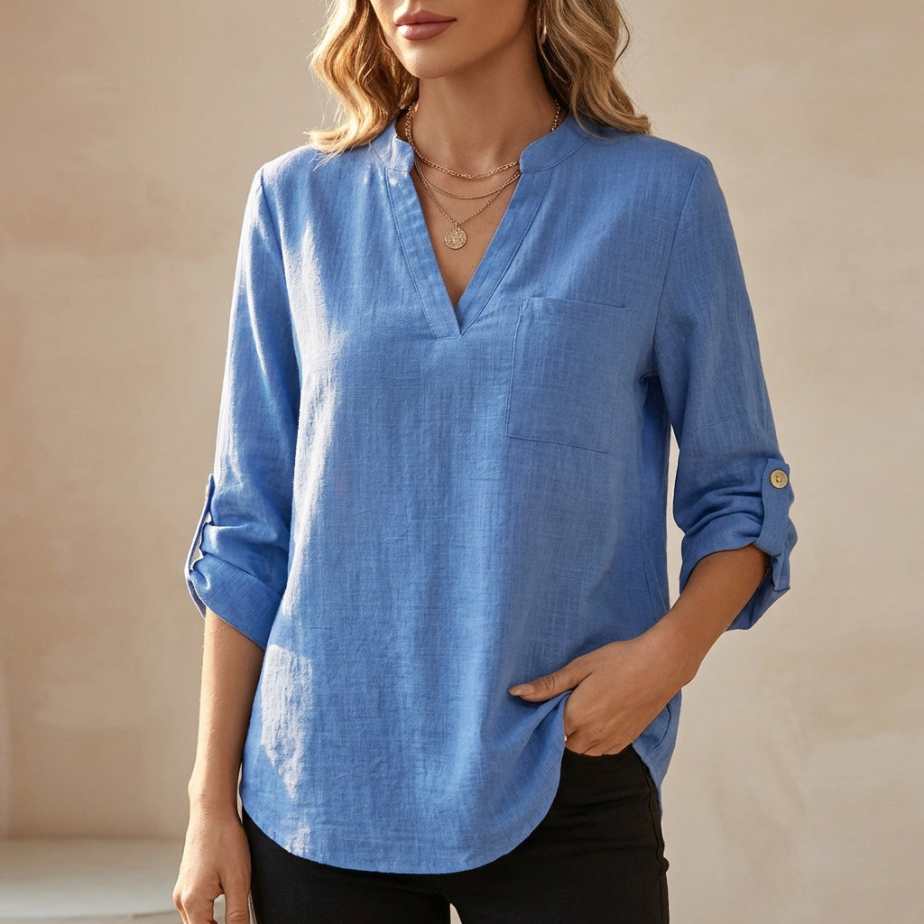 Women's Cotton Linen Tunic Blouse Relaxed Fit V-Neck - Vonnera