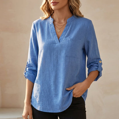 Women's Cotton Linen Tunic Blouse Relaxed Fit V-Neck - Vonnera