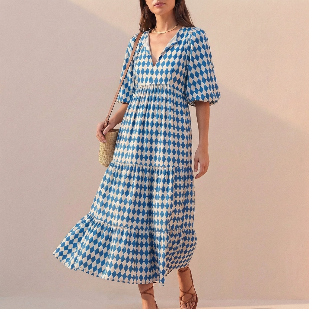 Women's V-Neck Midi Dress Puff Sleeves Tiered Skirt - Vonnera