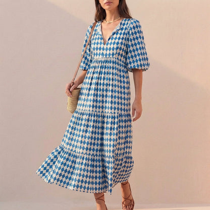 Women's V-Neck Midi Dress Puff Sleeves Tiered Skirt - Vonnera