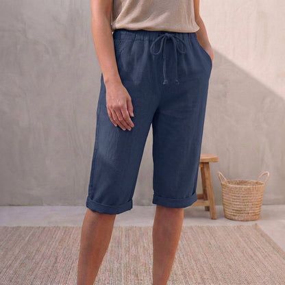 Linen Capri Pants Relaxed Fit Drawstring Waist Cuffed Beige