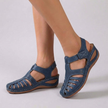 Women's Leather Wedge Sandals Perforated Ankle Strap
