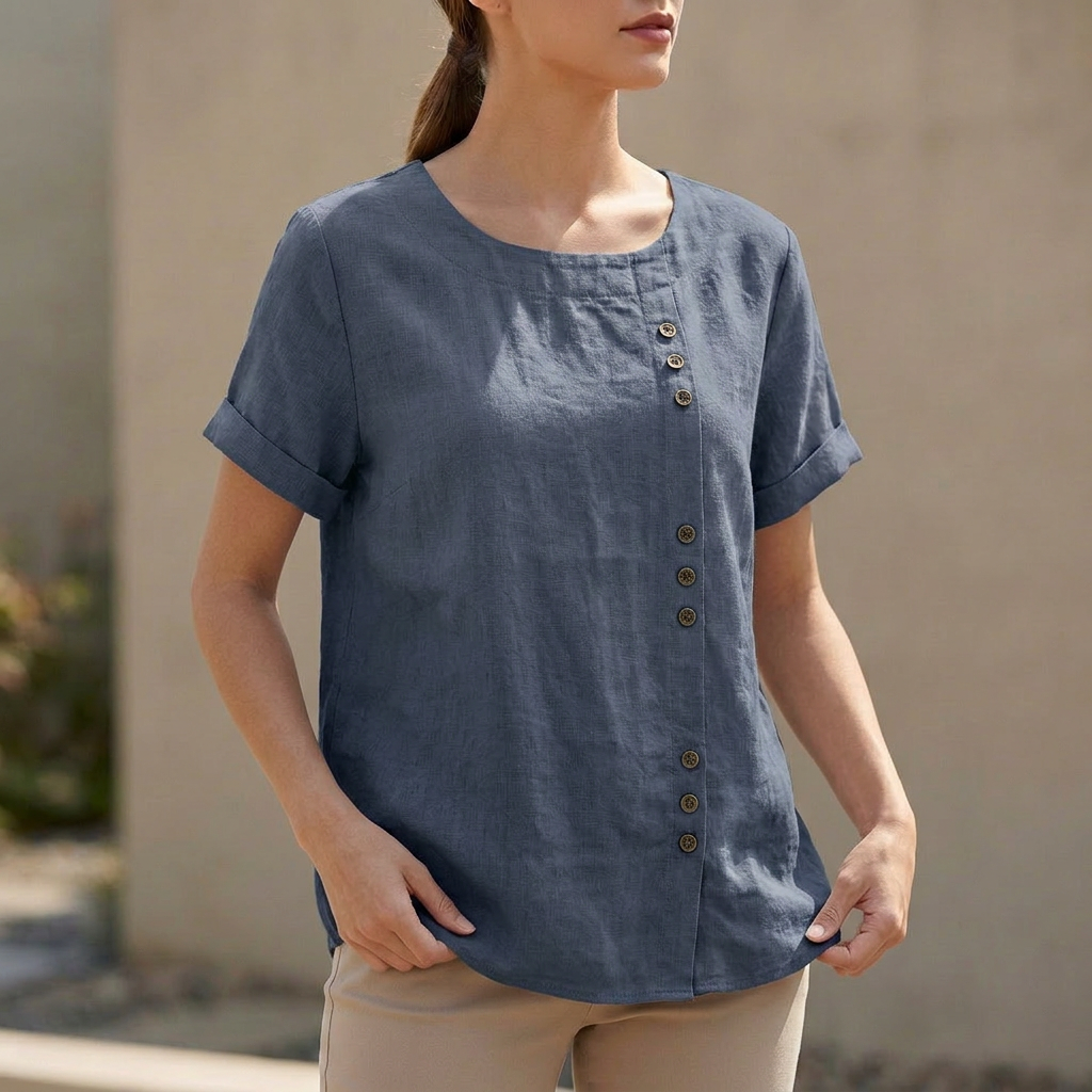 Women's Relaxed Fit Short Sleeve Blouse Asymmetric Button Detail