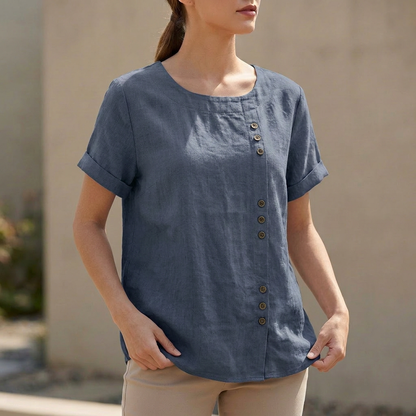 Women's Relaxed Fit Short Sleeve Blouse Asymmetric Button Detail