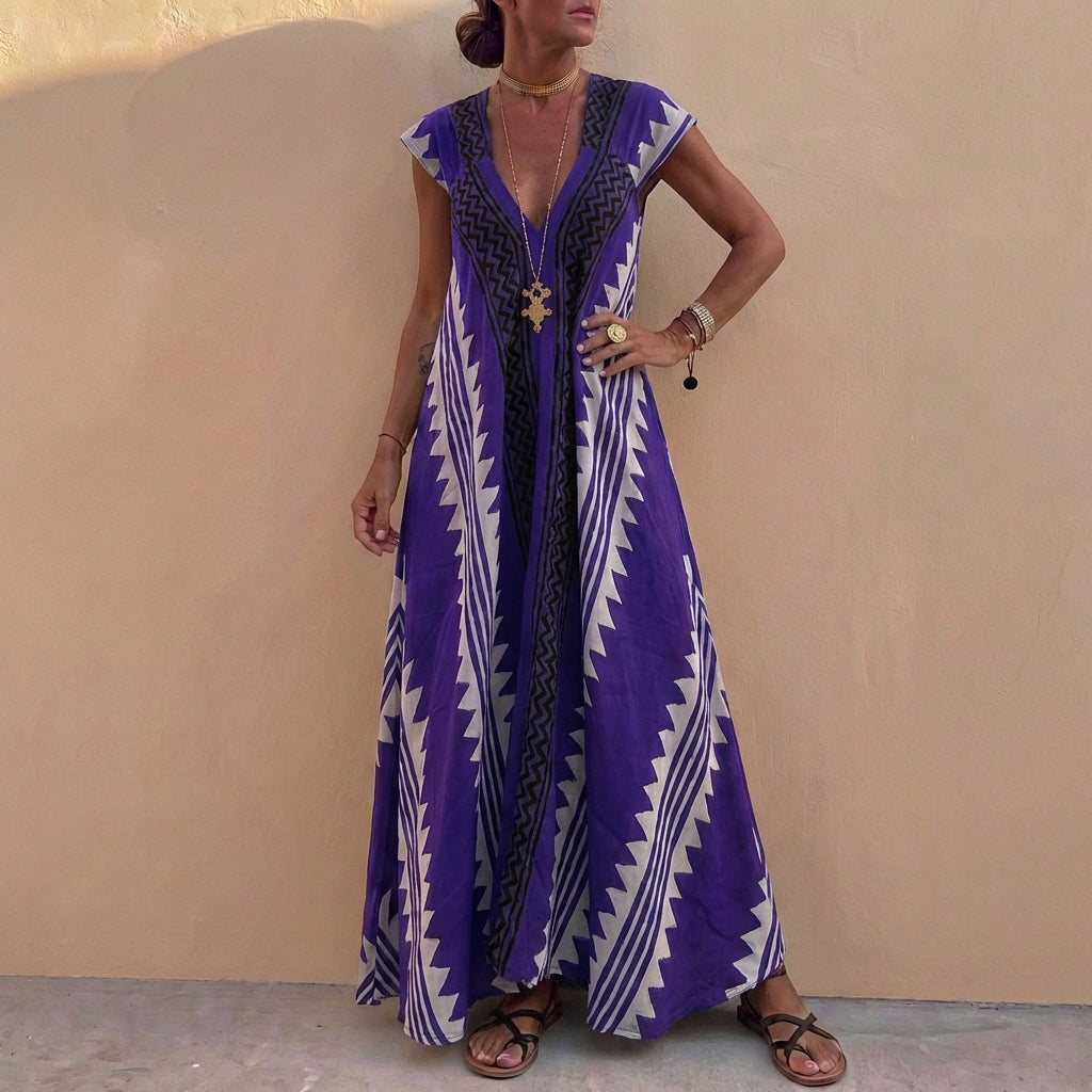 Bohemian A-Line Maxi Dress V-Neck Geometric Print