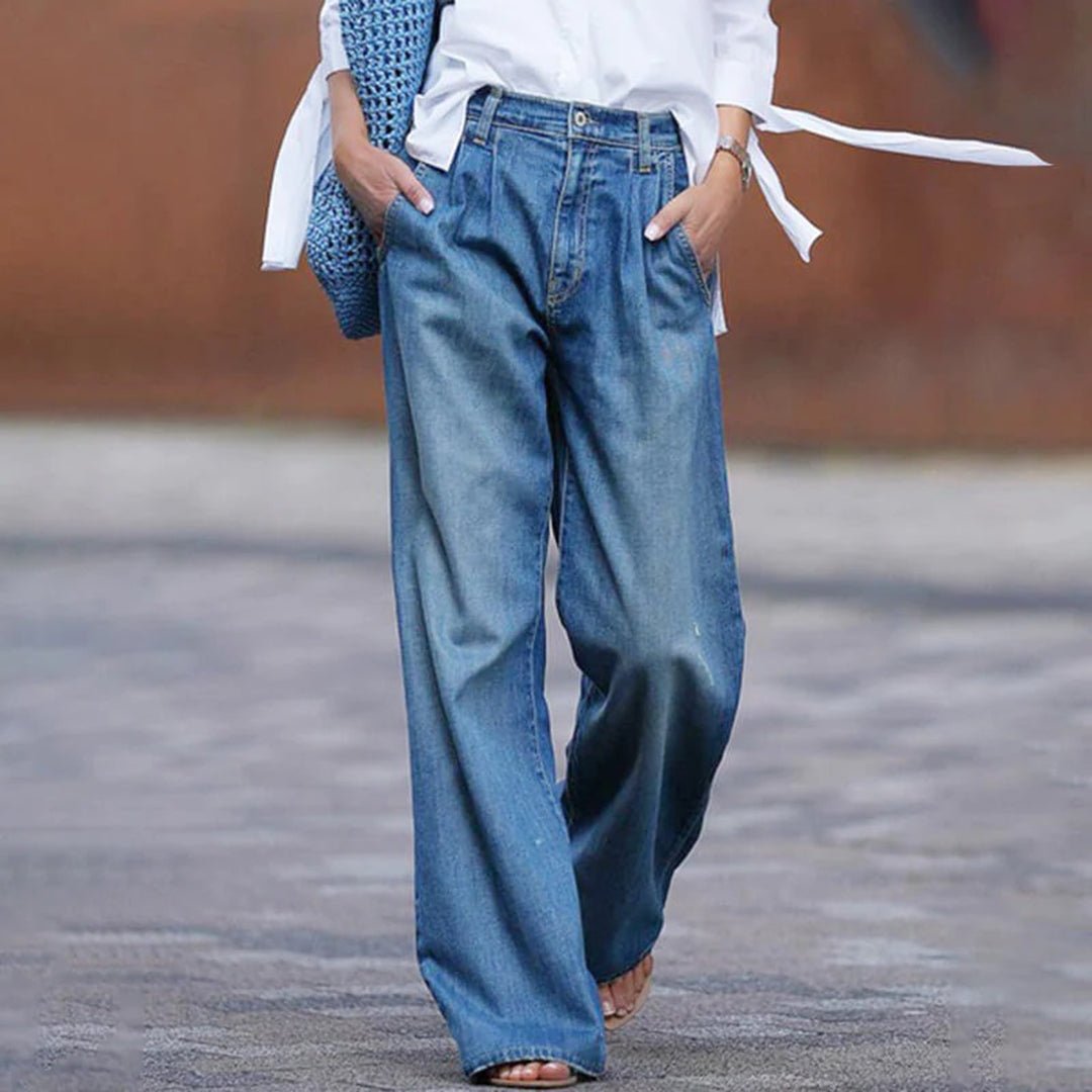 Women's Wide Leg Pleated Jeans Comfortable - Vonnera
