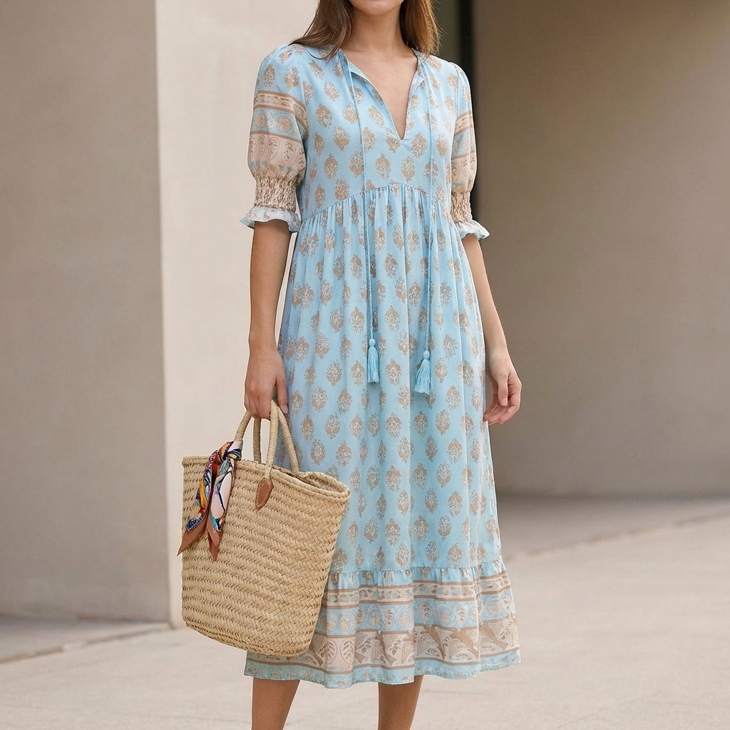 Women's V-Neck Maxi Dress Lantern Sleeves Tiered Skirt - Vonnera