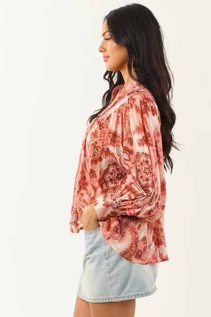 Women's Blush Floral Print Blouse Pleated Button-Down