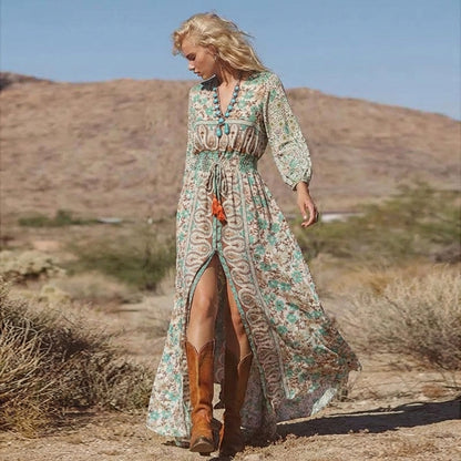 Women's V-Neck Floral Maxi Dress Boho Style - Vonnera
