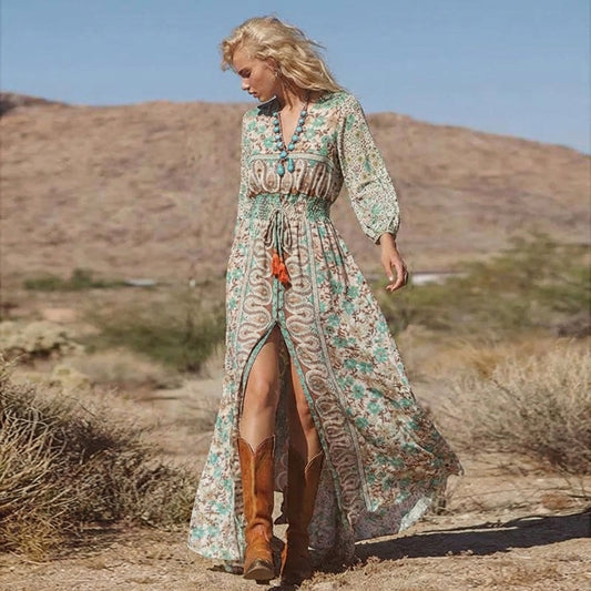 Women's V-Neck Floral Maxi Dress Boho Style - Vonnera