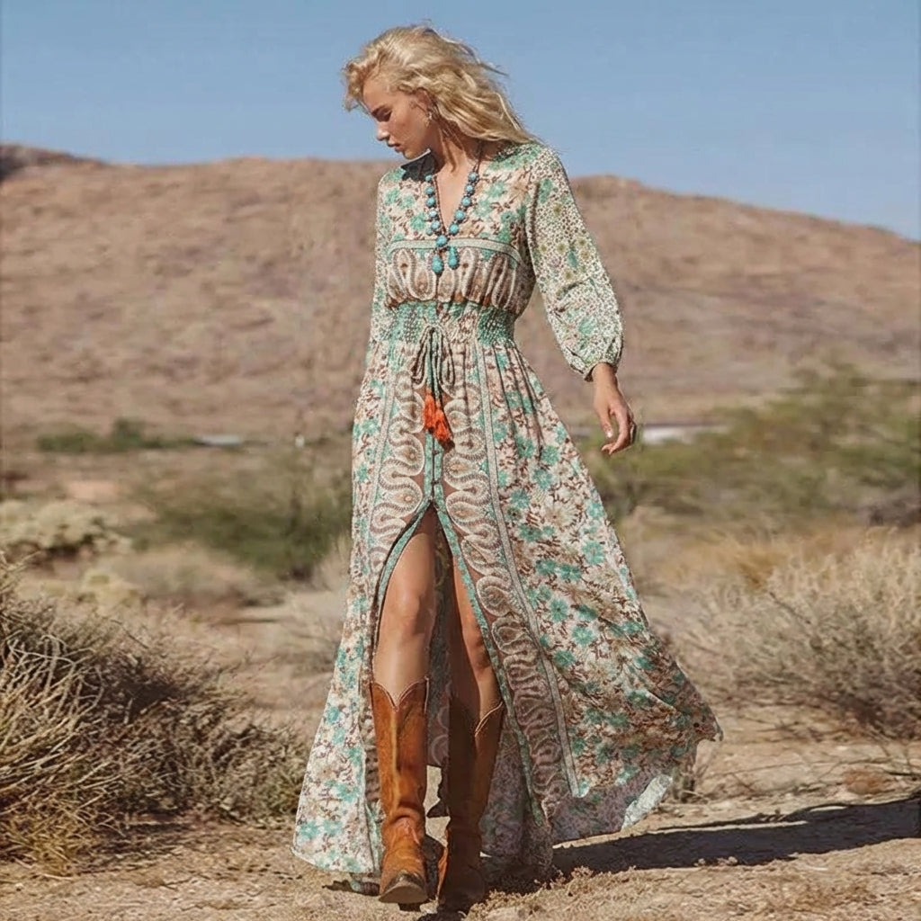 Women's Floral Maxi Dress V-Neck Boho Style - Vonnera