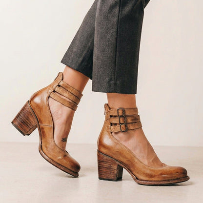 Vegan Leather Block Heel Pumps Buckled Ankle Strap Black
