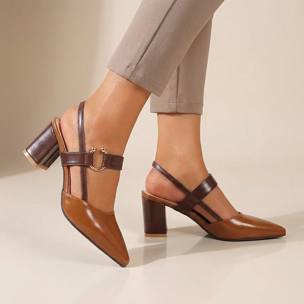 Women's Leather Slingback Pumps Buckled Strap Transparent Details - Vonnera