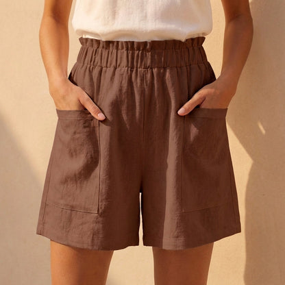 Women's Relaxed Fit Paperbag Shorts Cotton Patch Pockets Beige