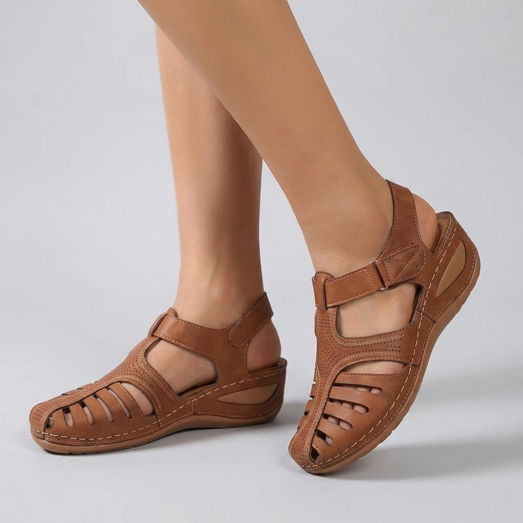 Women's Leather Wedge Sandals Perforated Ankle Strap - Vonnera