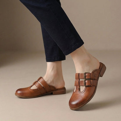 Women's Slip-On Mule Heels Double Buckle Brown Leather