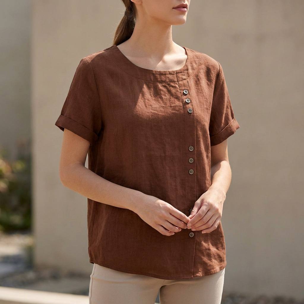 Women's Relaxed Fit Short Sleeve Blouse Asymmetric Button Detail