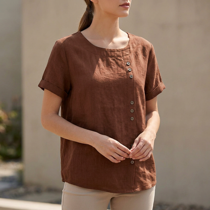 Women's Relaxed Fit Short Sleeve Blouse Asymmetric Button Detail