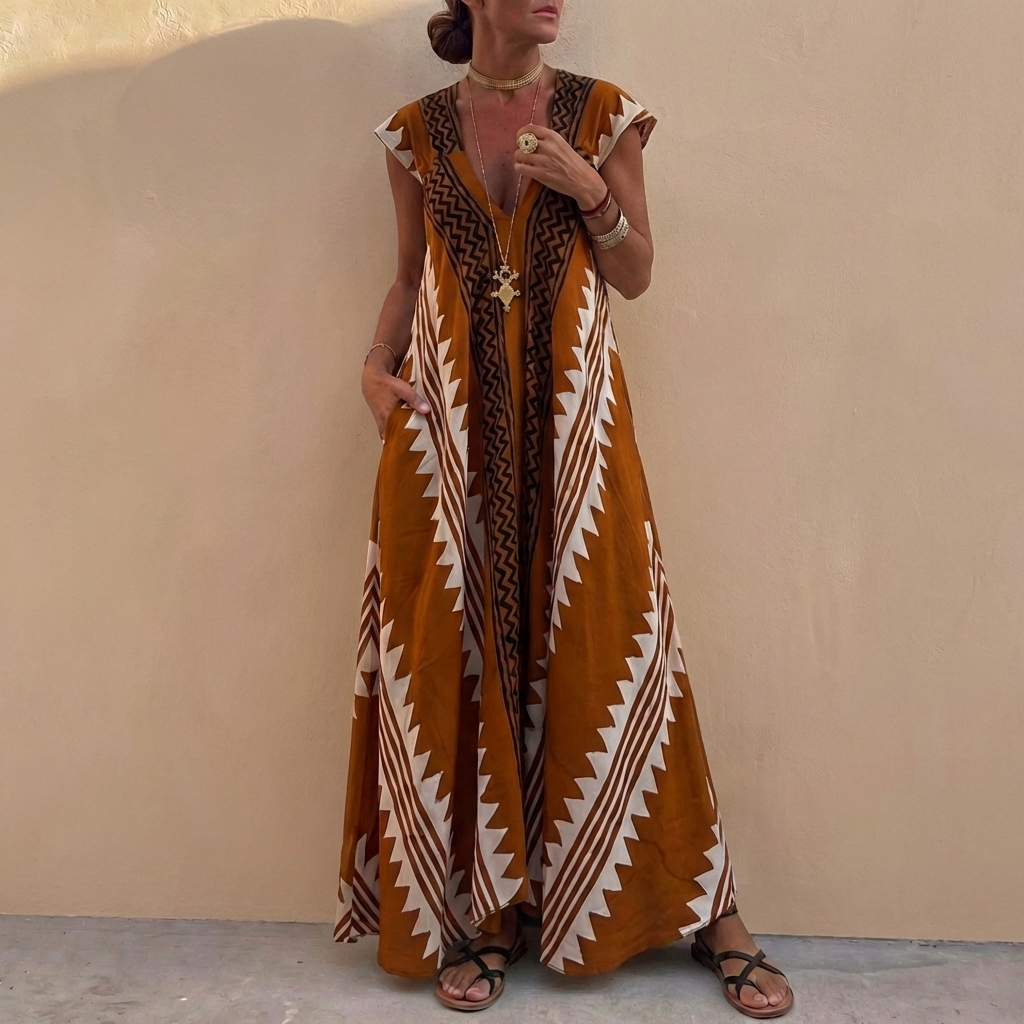 Bohemian A-Line Maxi Dress V-Neck Geometric Print