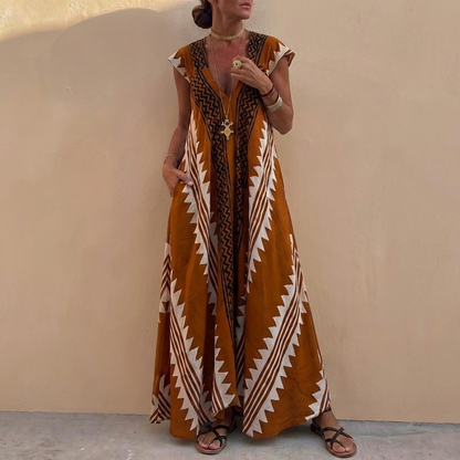 Bohemian A-Line Maxi Dress V-Neck Geometric Print