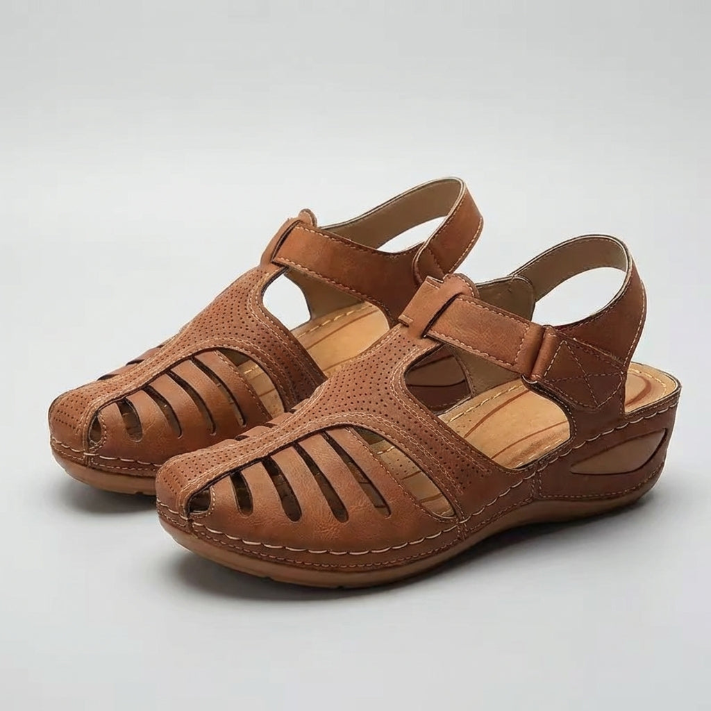 Women's Leather Wedge Sandals Perforated Ankle Strap