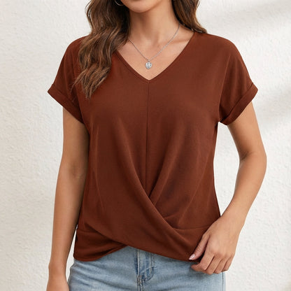 Women's Relaxed Fit V-Neck Blouse Cuffed Sleeves