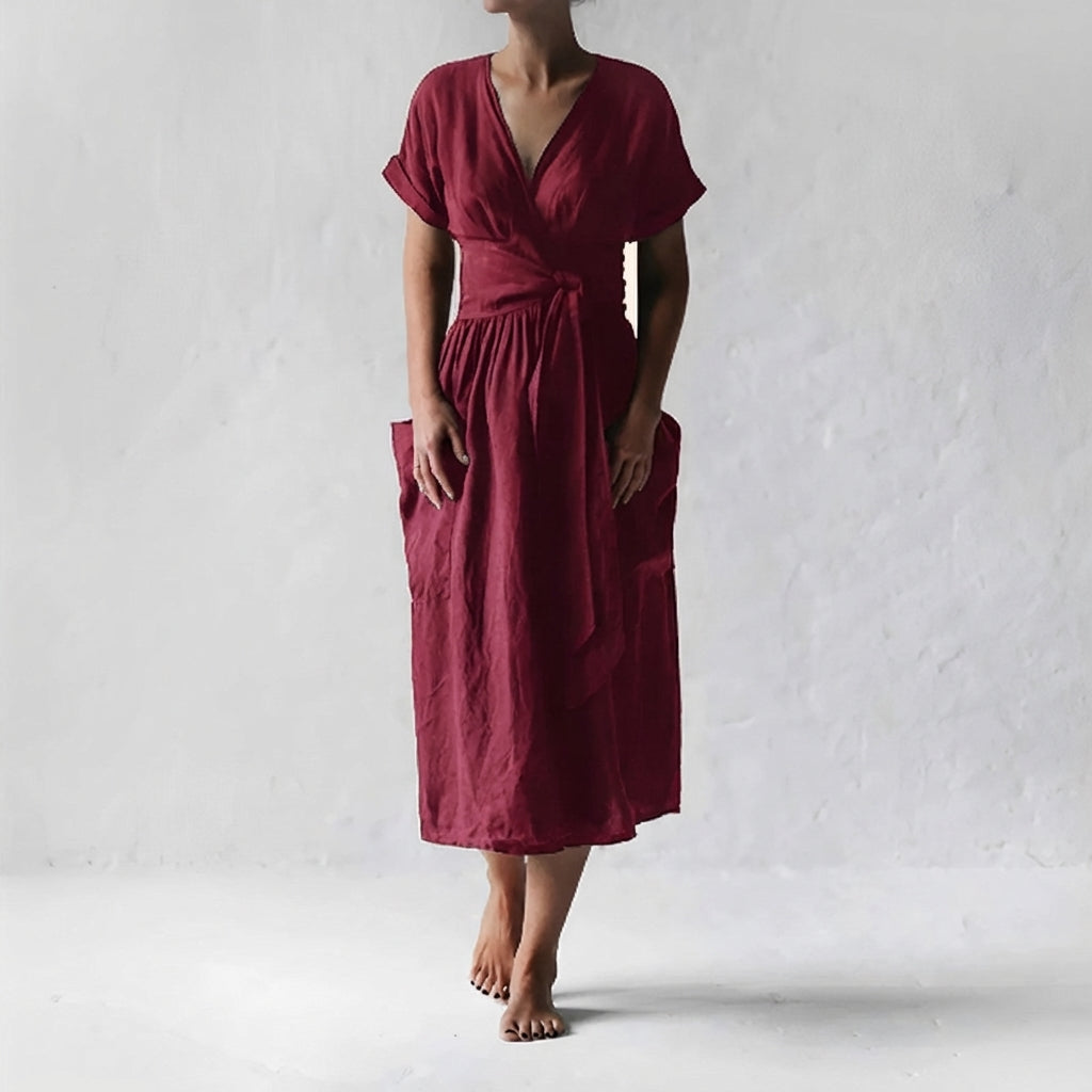 Women's Linen Midi Wrap Dress with Pockets Relaxed Fit