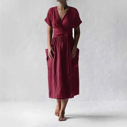 Women's Linen Midi Wrap Dress with Pockets Relaxed Fit