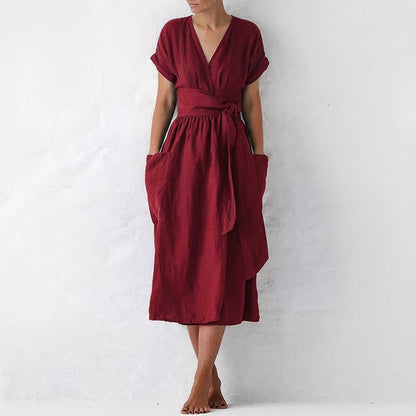 Women's Linen Midi Wrap Dress with Pockets Relaxed Fit