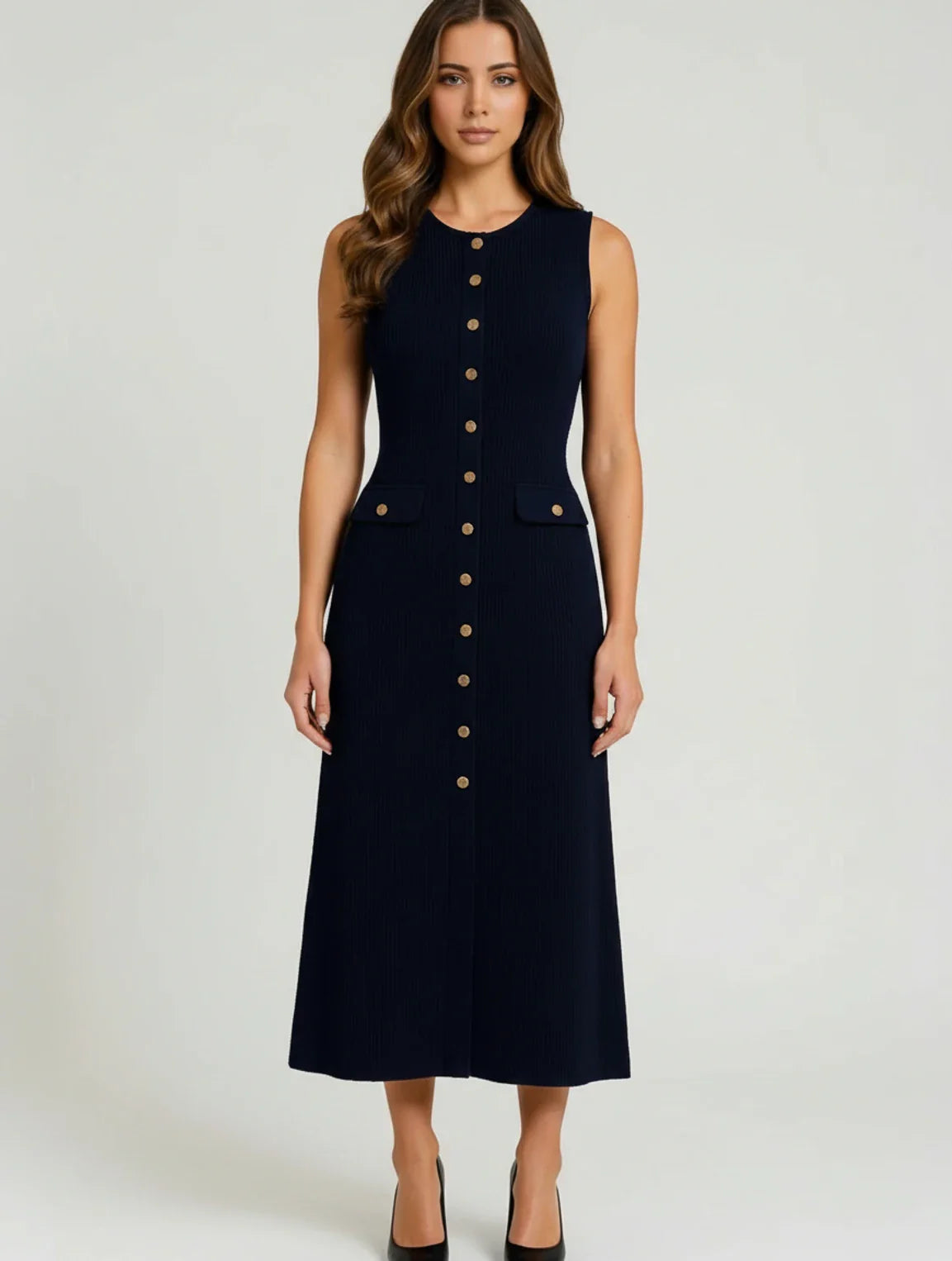 Women's A-Line Midi Dress Button Front - Vonnera