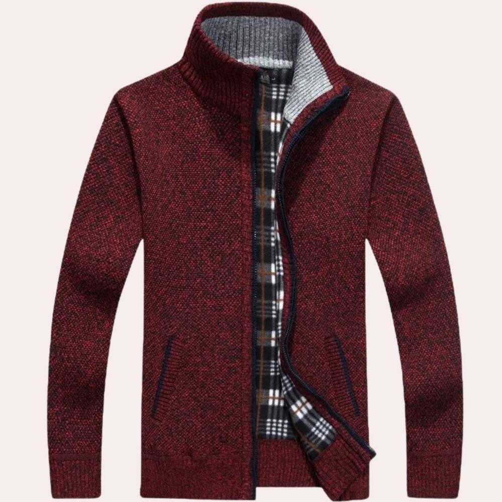Men's Knitted Zip Cardigan Plaid Lining Mock Neck - Vonnera